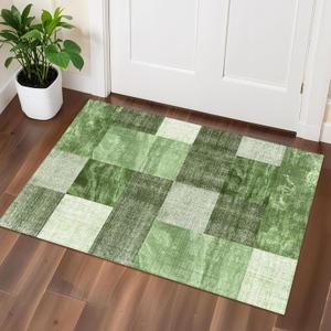 23 Washable Entryway Area Rugs,Modern Non-Slip Checkered Abstract Throw Rugs,High Traffic Small Carpet for Bathroom,Doormat,Kitchen,Spring Green