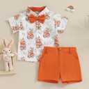 Toddler Boy Easter Outfits Bunny Carrot Print Short Sleeve Button Down Shirt Top Shorts Set Gentleman Suit Size 80