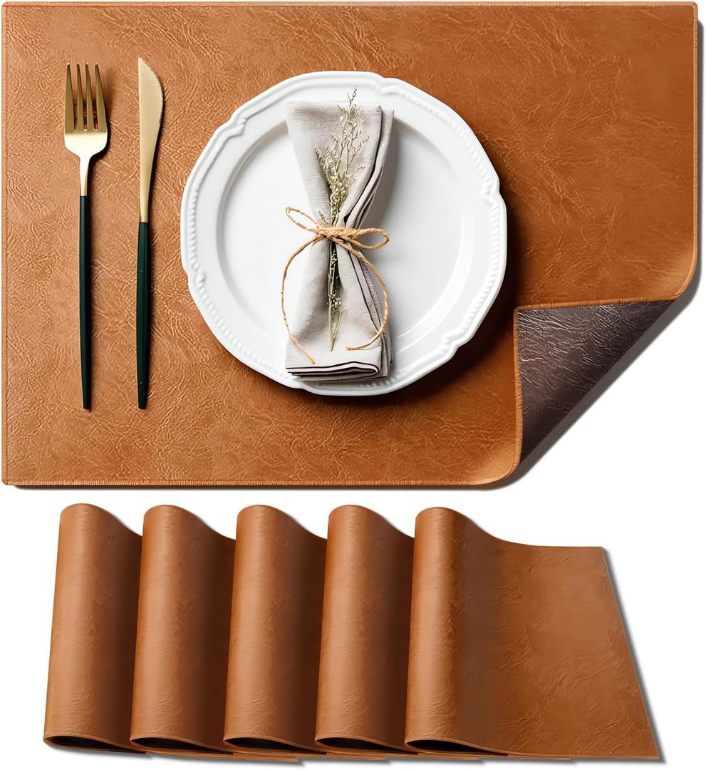 Brown Faux Leather Placemats Set of 6, Waterproof Kitchen Coffee Table Mats for Dining, Reversible PU Placemats in Crazy Horse Look, Oilproof Wipeable Bridle Leather Placemat for Office 12x18 Inch