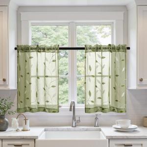 MIULEE Sage Green Sheer Curtains 2 Panels Leaf Patterned, W30 x L30 | Embroidered Floral Semi Sheer,Rod Pocket,Faux Linen,Short Window Curtains Drapes Set for Kitchen/Bathroom/Cafe
