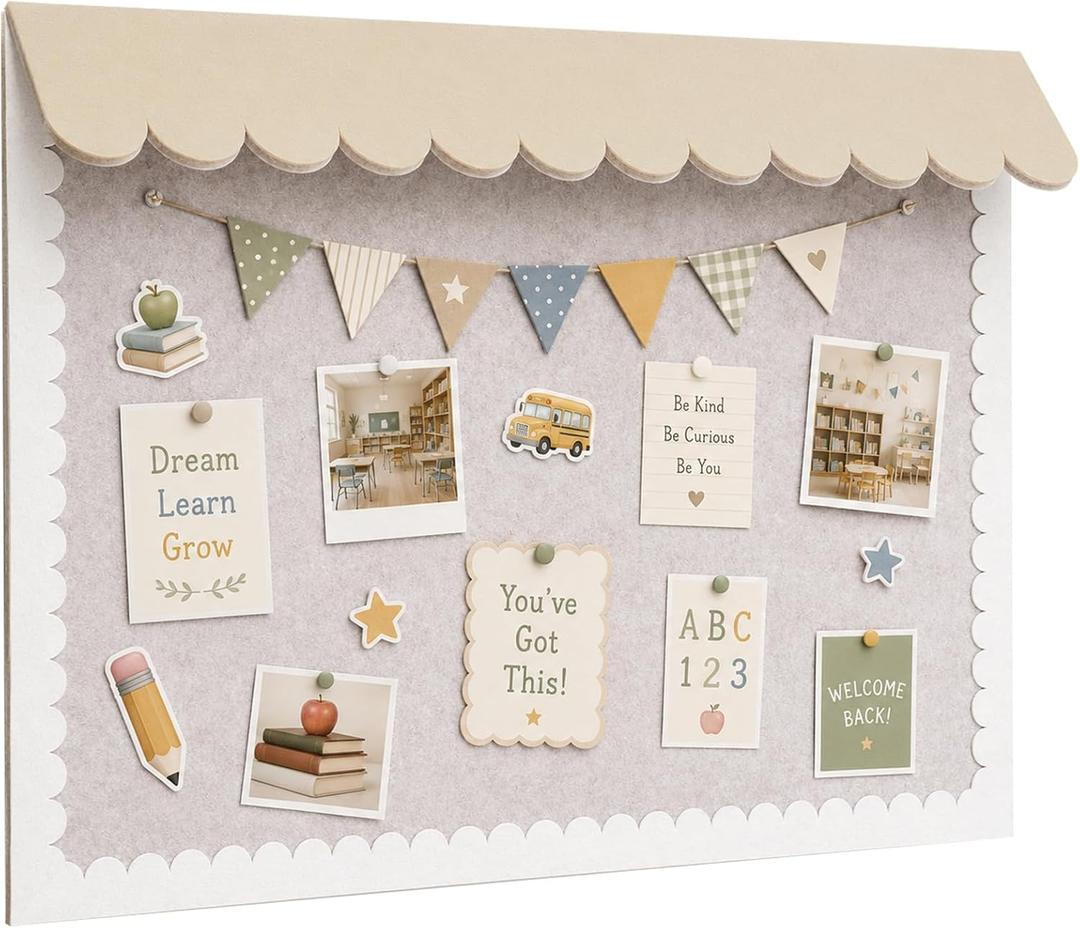 Scalloped Bulletin Board 24"x31.5", Decorative Felt Pin Board, Cream | with Wavy Roof and Border, Self Adhesive Hook and Loop Mounting, Bulletin Board for Classroom, School, Office, Home, 32" x 24"