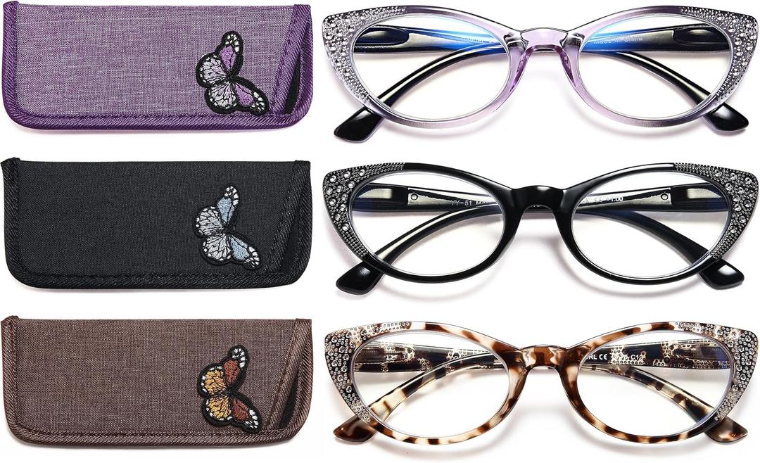 EYEURL 3-Pack Cat Eye Reading Glasses for Women Blue Light Glasses Fashion Computer Readers with Spring Hinge Anti-Glare Readers for Women 0.75 (Purple/Black/Tortoise)