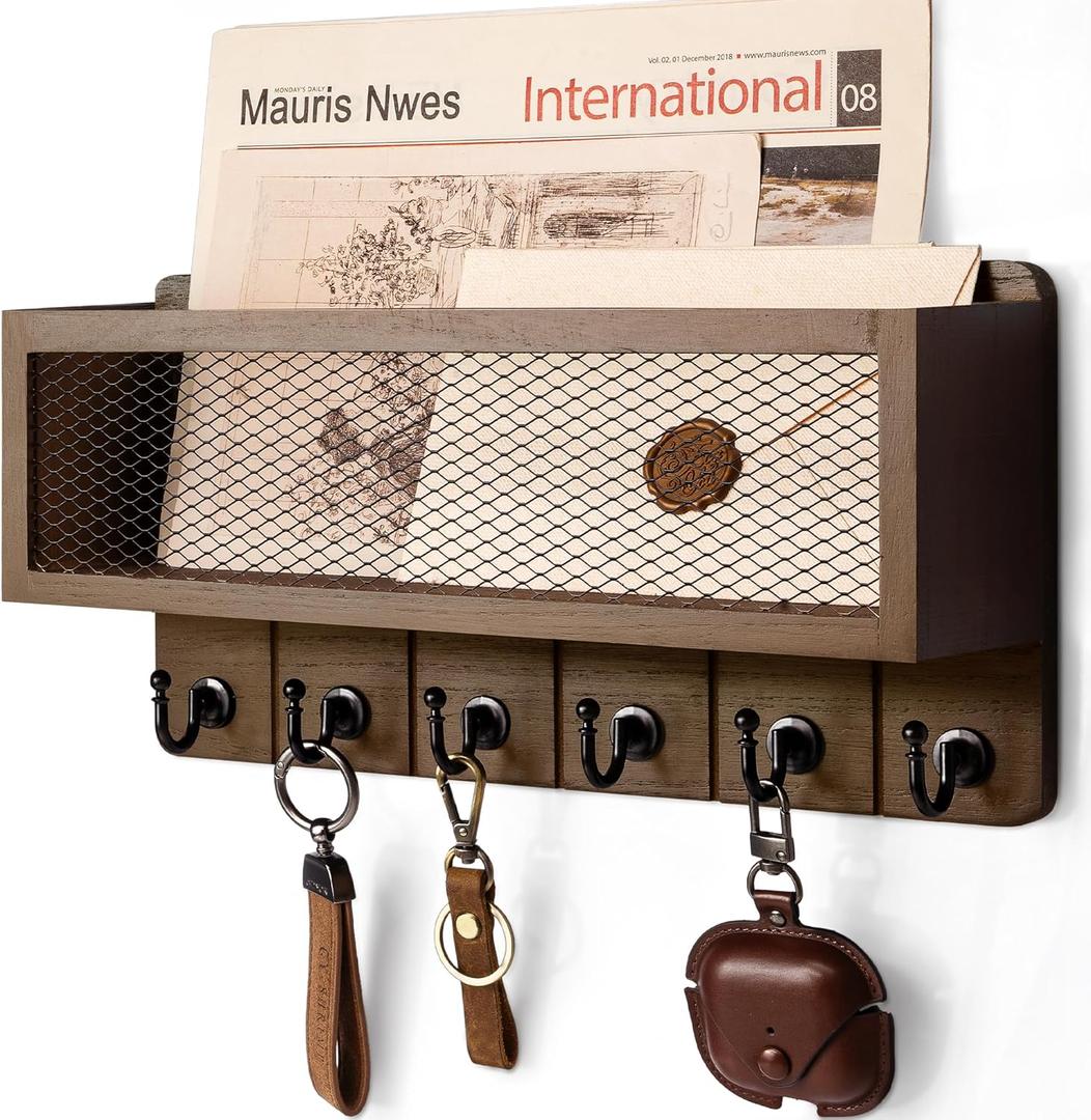 Rebee Vision Farmhouse Key Holder for Wall with Mail Storage Basket : Decorative Wall Mount Organizer with 6 Sturdy Wall Hooks and Wooden Key Rack - Rustic Home Decor (Retro Brown)