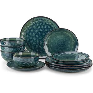 vancasso Starry Dinnerware Set for 4, Handmade Reactive Glaze Stoneware 12 Pieces Plates and Bowls Sets, Dishwasher and Microwave Safe Dish Set, Green