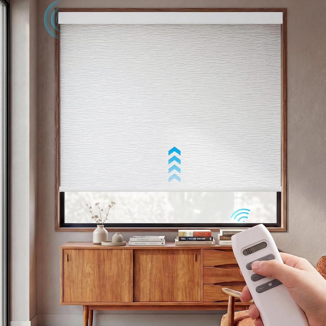 Motorized Blinds with Remote, 100% Blackout Electric Blinds, Smart Shades for Alexa/Google/Homekit, Automatic Window Roller Shades for Bedroom(LumenGeo-Jacquard White, 36" W x 72" H)