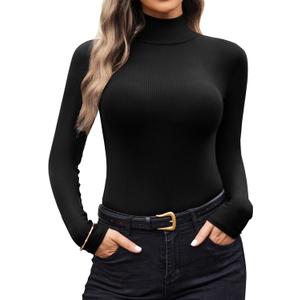 Ekouaer Women Turtleneck Shirt Long Sleeve Layer Tops Basic Ribbed Tees Soft Stretch Thermal Undershirts Lightweight Blouse (Small, Black)