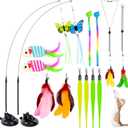 HONGDDY Cat Toys, 14Pcs 4 in 1 Indoor Adult Cat Interactive Toys, Hanging Door Kitten Wand with Suction Cup Removable Feathers Balls Mice Butterfly Streamers