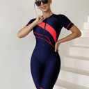 FEOYA Women One Piece Modest Swimsuit Boyshort Short Sleeve Rashguard Contrast Line Snorkel Surf Suit Sport Bathing Suit (XS)
