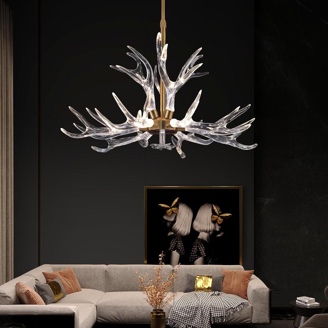 Acrylic Antler Chandelier Ceiling Light Fixtures, Deer Antler Chandelier Lighting, Resin Antlers Pendant Light for Dining Room, Living Room, Bedroom, Kitchen, Cabin, Farmhouse 32.3" 9 Lights (Gold)