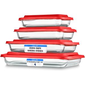 SereneLife 8-Piece Glass Baking Dish with Lids Set - ( 4 Heavy Duty Rectangular Glass Baking Pan with 4 BPA-Free Lids ), Oven-Safe Bakeware for Lasagna, Meats, Desserts - Dishwasher Safe, Red