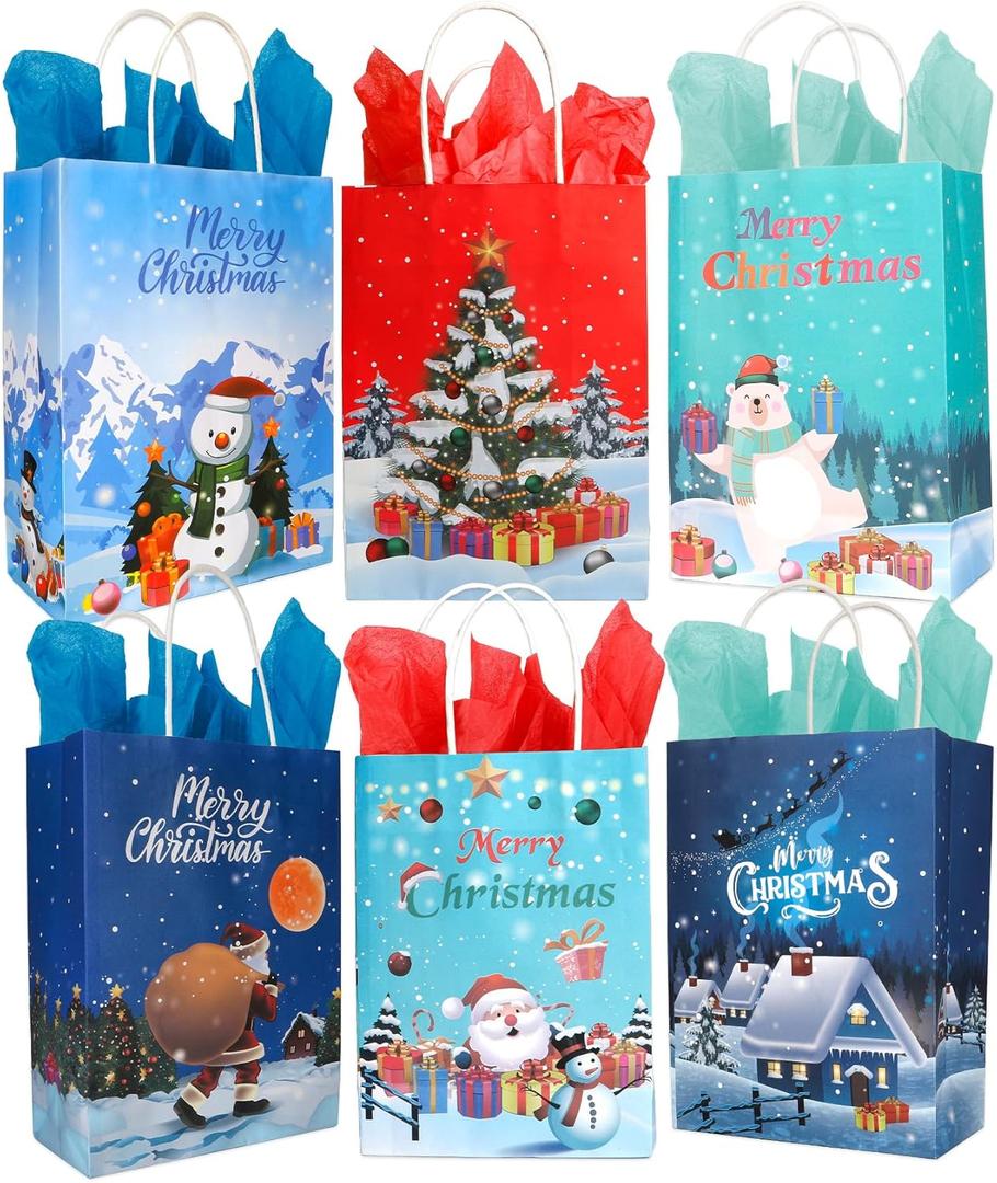 Evechole 24 Pack Christmas Gift Bags with Tissue Paper, Christmas Paper Bags with Handles 6 Styles Xmas Treat Bags Xmas Goody Bags Bulk Holiday Candy Goodie Bags for Xmas Winter Party Favors Supplies