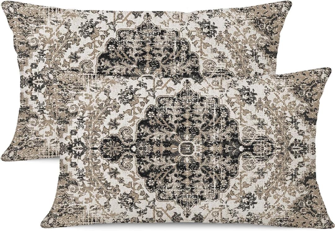Waterproof Throw Pillow Covers 12X20 Inch Set of 2 Bohemian Vintage Carpet Pattern Black Grey Ethnic Design Decorative Farmhouse for Couch Garden Balcony (Boho-5-3) Waterproof Throw Pillow Covers 12X20 Inch Set of 2 Bohemian Vintage Carpet Pattern Black Grey Ethnic Design Decorative Farmhouse for Couch Garden Balcony (Boho-5-3)