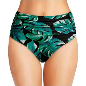 Tempt Me Women's High Waisted Bikini Bottom Tummy Control Ruched Bathing Suit Swim Bottom (Large, Green Leaf)