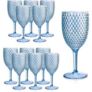 12Pcs Blue Plastic Wine Glasses 13.5oz Reusable Acrylic Wedding Goblets Toasting Glassware Unbreakable Wine Cups with Long Stem Crystal Drinking Glasses Champagne Flutes for Bar Restaurants Party