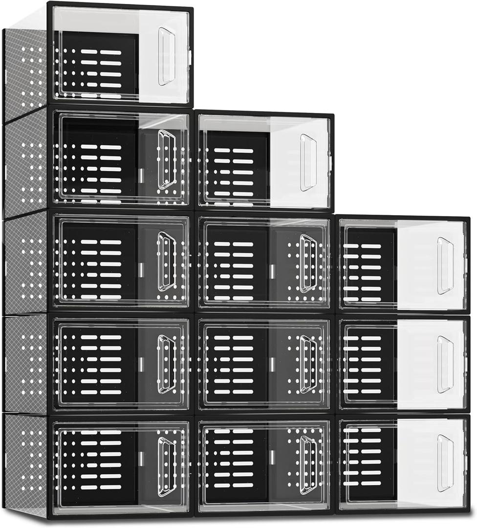 SEE SPRING Shoe Storage Boxes, White Plastic Stackable Shoe Organizer for Closet, Shoe Rack & Holder Sneaker Container, 12 Pack Black