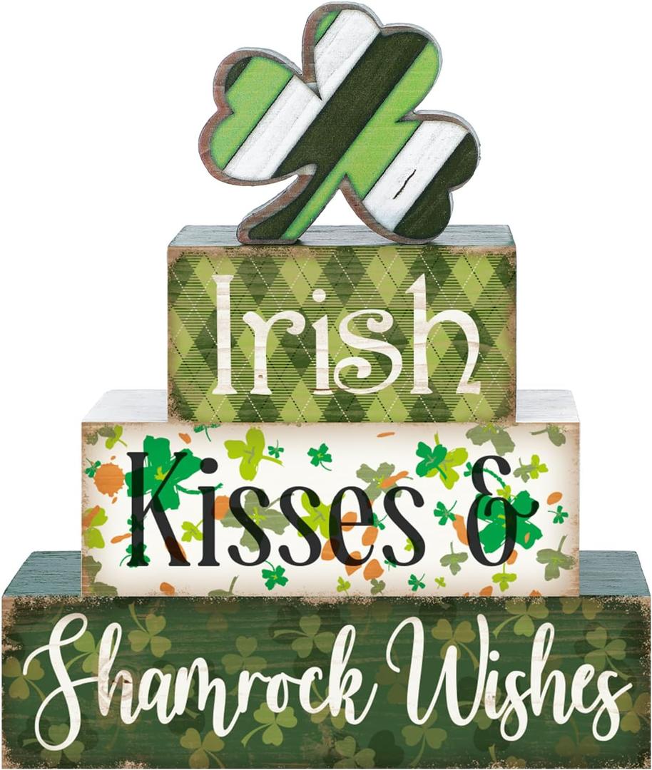4 Pcs St Patricks Day Table Decorations Shamrocks St. Patrick's Day Tiered Tray Decor Irish Clover Blocks Lucky Print for Party Home Desk(Fresh Style)