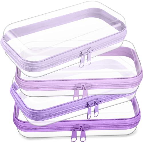 Hoolerry 4 Pcs Hard Clear Zipper Case Makeup Bags Plastic Zipper Pouch Transparent Storage Box Containers for Cosmetics, Snacks, Building Blocks, Puzzles(Clear,7.5 x 3.9 x 2 in,Purple)
