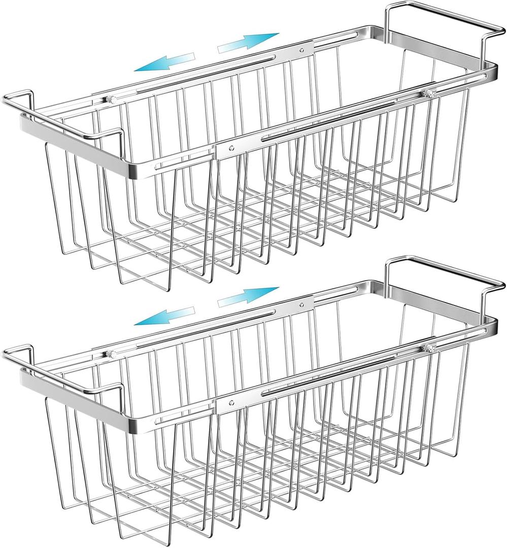 Orgneas Freezer Baskets for Chest Freezer, Capacity Expandable Deep Freezer Organizer Bins Adjustable From 16.5" to 26.5" Stainless Steel Wire Basket Storage with Hanging Handles, 2 Pack
