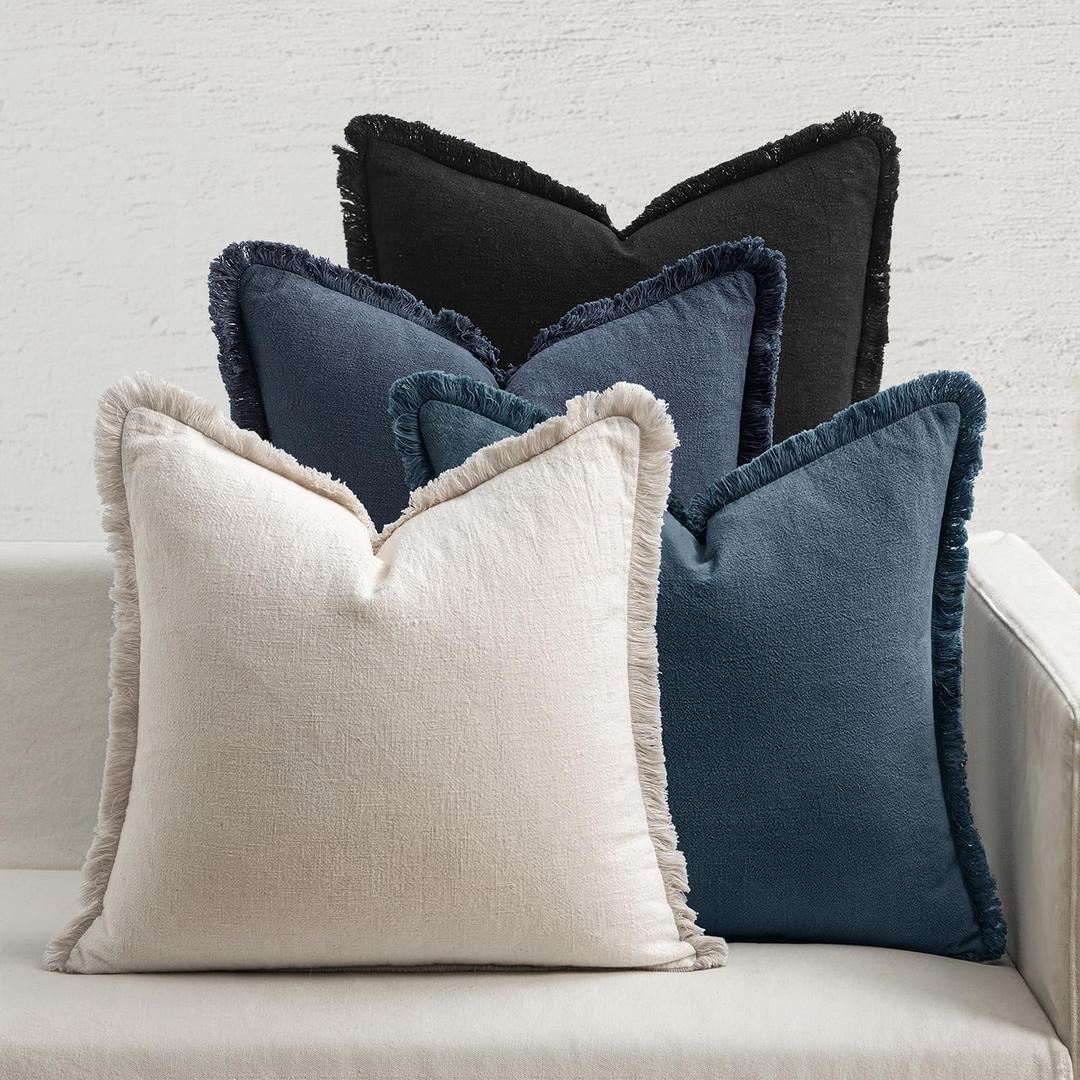 MIULEE Decorative Couch Pillow Covers Neutral Linen Fringe Throw Pillows Set of 4 Boho Farmhouse Cushion Modern Pillowcases for Bed Sofa Living Room Spring Home Decor 18x18 Inch Beige/Coastal Blue