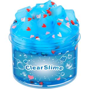 2 x Blue Clear Slime with Jelly Cubes Pink Red Hearts Add-ins, Crunchy Crystal Boba Slime Super Soft Sludge Toy with Cute Charms, Party Favors Slime for Girls Boys