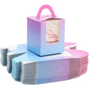 acDesign 100Pcs Single Cupcake Carrier With Window Handle and Inserts 3.6in*3.6in*4.3in Cupcake Boxes Individual for Bakery Wrapping Gift (Gradient)