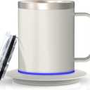 Smart Temperature Control Coffee Mug for Desk, Heated Cup with 10Hrs Auto Shut Off, USB Powered Mug Warmer Set (12oz-Ivory White)