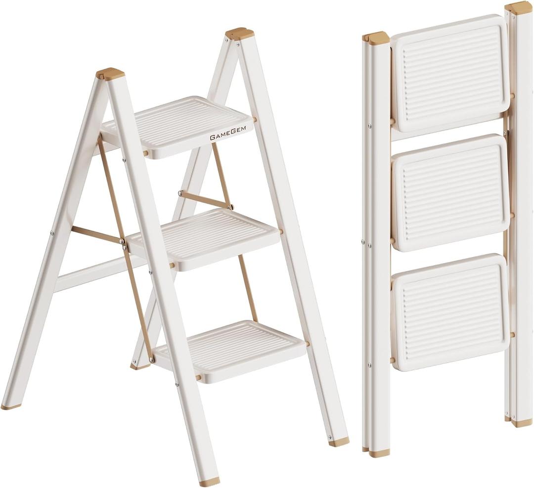 3 Step Ladder, Foldable Step Stool with Anti-Slip Pedal, Portable Iron Stepladder for Home and Kitchen, Easy to Store-Cream Chocalate(300LBS)