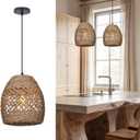 9.8" Mini Boho Rattan Chandelier Light Fixture, 1-Light Hand Woven Wicker Pendant Lights Kitchen Island Farmhouse Rustic Hanging Lamp for Dining Room, Bedroom, Nursery, Entryway, Foyer