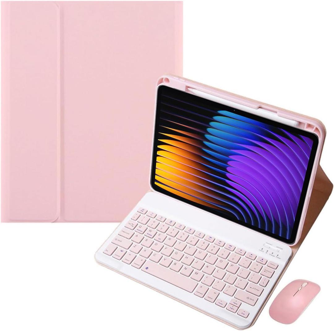 EHLCYS Keyboard Case for Xiaomi Pad 7/ Pad 7 Pro 11.2 inch 2024, Magnetic Detachable Bluetooth Keyboard, Ultra-Thin PU Leather Multi-Angle Soft TPU Back Cover with Pen Slot & Mouse,Pink