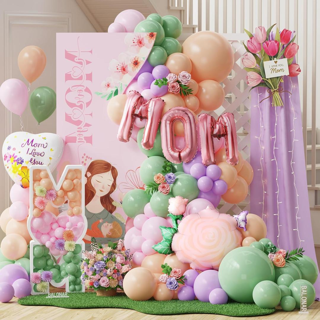 Happy Mothers Day Balloon Garland Kit with Large MOM Pink Rose Foil Balloon Heart Balloon for Best Mom Mothers Day Backdrop, Mothers Day Birthday Party Decorations