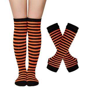 Zando Halloween Striped Women Thigh High Socks Fingerless Gloves Arm Warmers Thigh Highs Over the Knee Socks Leg Warmers (One Size, Orange & Black Stripes)