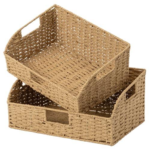 StorageWorks Pantry Baskets for Organizing, Paper Rope Storage Baskets for Shelves with Built-in Handles, Pantry Organizers and Storage, Natural, Set of 2 (Large and Medium)