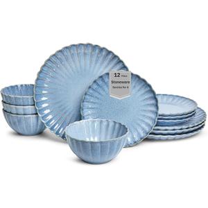 Sango 12 Pieces Stoneware Dinnerware Set, Modern Reactive Blue Dishes for 4, Premium Serving Plates and Bowls Sets, Chip Resistant Plate, Ceramic Dishware, Kitchen Dish Set, Scallop Dining Ware, Frill