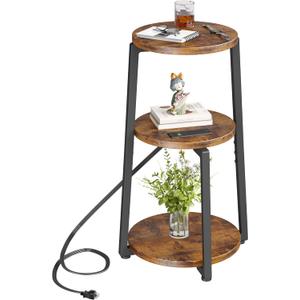 Homeiju Round End Table with Charging Station, 3-Tier Small Bedside Table with Metal Frame, Nightstand with USB Ports & Power Outlets for Small Space in Living Room, Bedroom, Rustic Brown