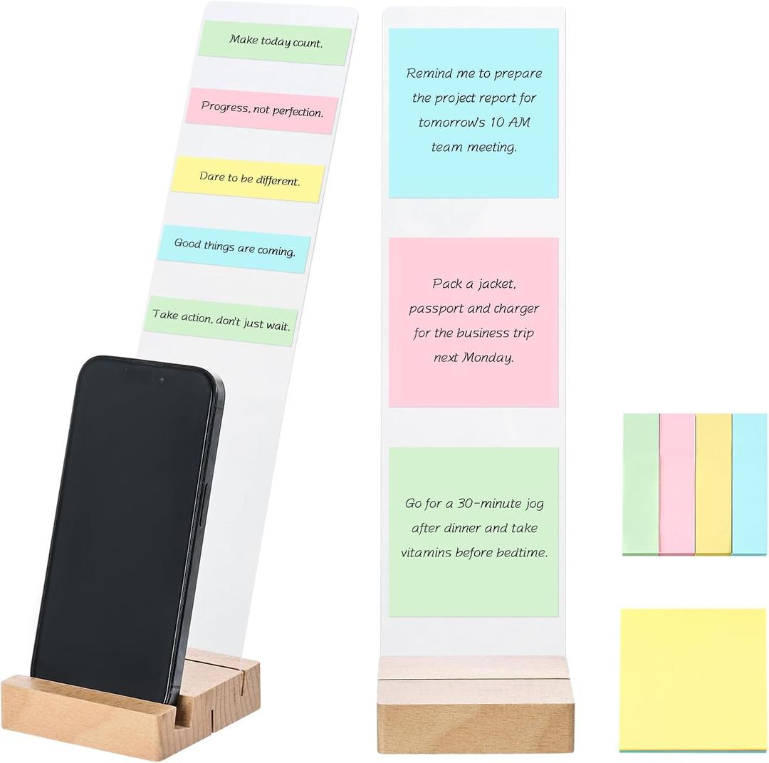 Monitor Memo Board, Multifunction Sticky Note Holder for Computer Screen, Office Desk Accessories with Acrylic Monitor Side Panel, Sticky Notes, Wooden Phone Stand for Desktop Laptop Decoration