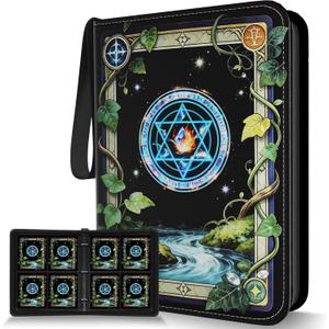 Trading Card Binder, Card Collection Binder 4 Pocket with 50 Removable Sleeves – 400-Pocket Compact 3-Ring Zipper Album, Durable Trading Card Holder for TCG/MTG Collectors (Elemental ring)