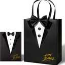 Crisky Happy Birthday Gift Bags for Men with Card & Tissue Paper, Classic Black 3D Tuxedo Real Bow Tie & Buttons, Birthday Gifts for Men Him Father Husband FriendsBoys Boyfriend Decorations
