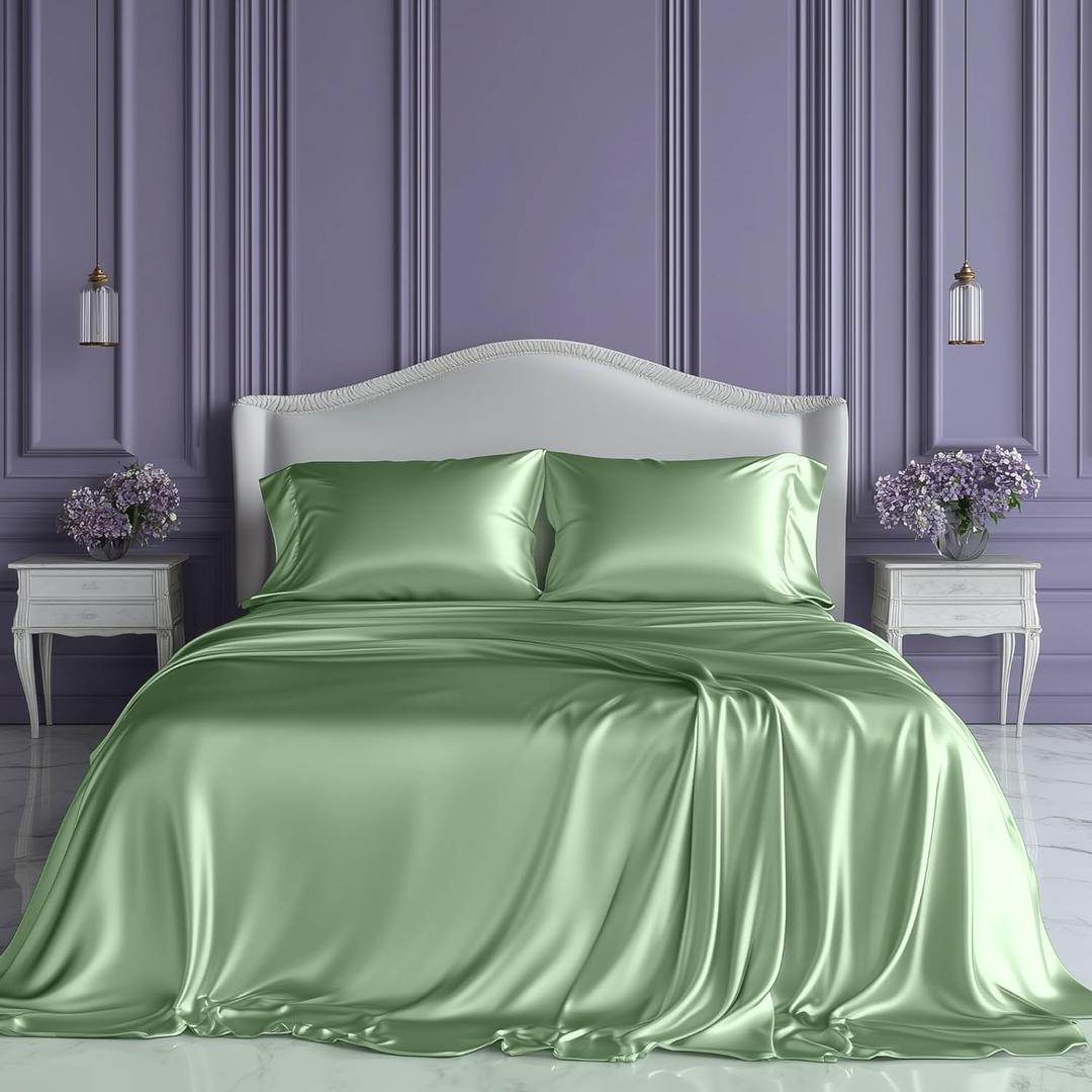 SLEEP SANCTUARY Satin Sheets King Size  4 Piece Luxury Silky Bed Set, Softer Than Silk, 15" Deep Pocket, Cooling & Wrinkle-Free, Moisture-Wicking & Breathable for Hair & Skin (Sage Green)