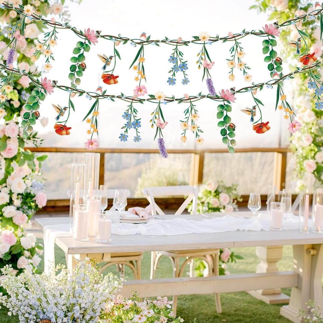 2 Pcs Flower Banner Wildflower Garland, Baby Shower Decorations, Floral for Enchanted Garden Party, Wedding Wild One Bloom Baby Shower Fairy Tale Tea Market Spring Supplies Girl Woodland Party (Green Pink)