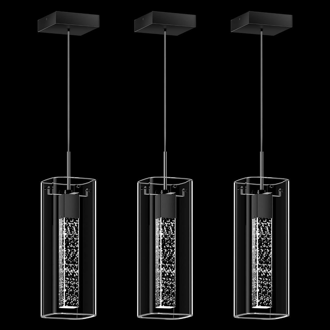 Black 6500K Pendant Ceiling Light Fixture, 3 Pack Crystal Bubble Pendant Lights Kitchen Island with Clear Square Glass Shade, Integrated Led Modern Island Light for Kitchen, Dining Room, Bar