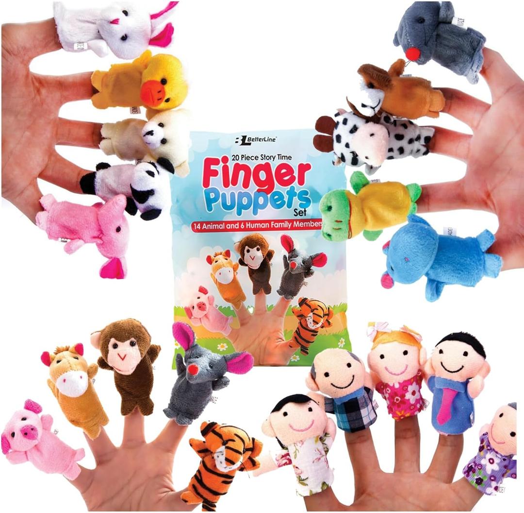 20-Piece Story Time Finger Puppets Set - Cloth Velvet Puppets - 14 Animals and 6 People Family Members