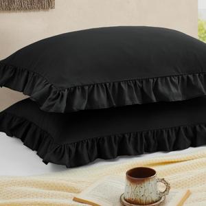 Ruffled Pillow Cases Set of 2, Black Standard Pillow Shams Brushed Microfiber Edge Ruffled Soft Pillow Cover with Envelope Closure for Bedding Decor (20"x26")