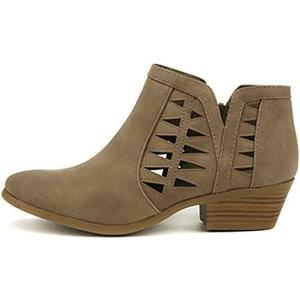 SODA Women's Round Toe Faux Suede Stacked Heel Western Ankle Bootie Size 8 (Light Taupe)