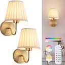 Vintage Battery Operated Wall Sconces Set of 2, Pleated Fabric Shade Gold Wall Lamp with Remote Control, Cordless Rechargeable Wall Sconces Fixtures for Bedroom, Living Room, Beside (2 Bulbs Included)
