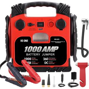 BS ONE 1000 Amp Peak Current Car Jump Stater, 12V Lead Acid Battey Jump Box with 260PSI Air Compressor, Jump Starter Battery Pack with Led Light & USB Output