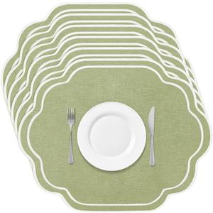 Breling Set of 6 Wedding Scalloped Embroidered Cotton Linen Placemats 17" x 13" Double Layered Machine Washable Table Place Mat for Party Table Decor (Wedding Sage Green)
