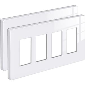 [2 Pack] BESTTEN 4 Gang Mid-Size Screwless Outlet Cover, Midway Decorative Wall Plate, USWP6 Gloss Snow White, Midsize H4.88" x W8.58"