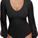 REORIA Womens Mesh Long Sleeve Bodysuit Double Lined V Neck Slimming Body Suits Sexy Cute Going Out Tops Shirts Fall Outfits (Medium, Black Onyx)