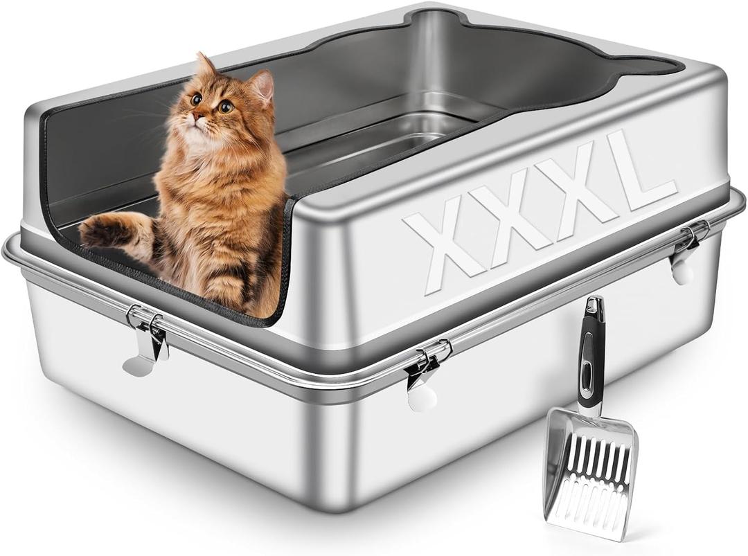 Extra Large Stainless Steel Cat Litter Box, 27.5" L x 19.7" W x 14" H XXXL Semi Enclosed Removable Metal Litter Tray with High Sided Enclosure, Scoop, Anti-Leakage, Non-Sticky, Easy Cleaning