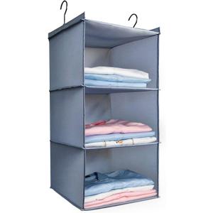 Hanging Closet Organizer and Storage 3-Shelf, Easy Mount Foldable Hanging Closet Wardrobe Storage Shelves, Clothes Handbag Shoes Accessories Storage, Washable Oxford Cloth Fabric, Gray